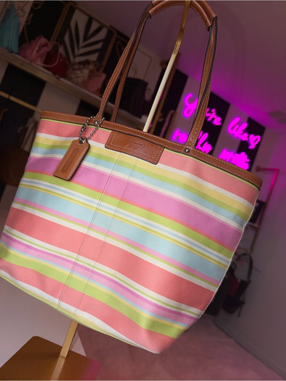 π Authentic Coach Pastel Rainbow Stripe Tote multicolored handbag π - Picture 11 of 14